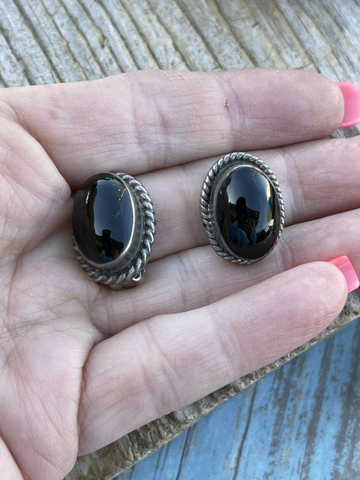 Handcrafted Vintage Sterling Silver Black Onyx Oval Clip On Earrings Signed