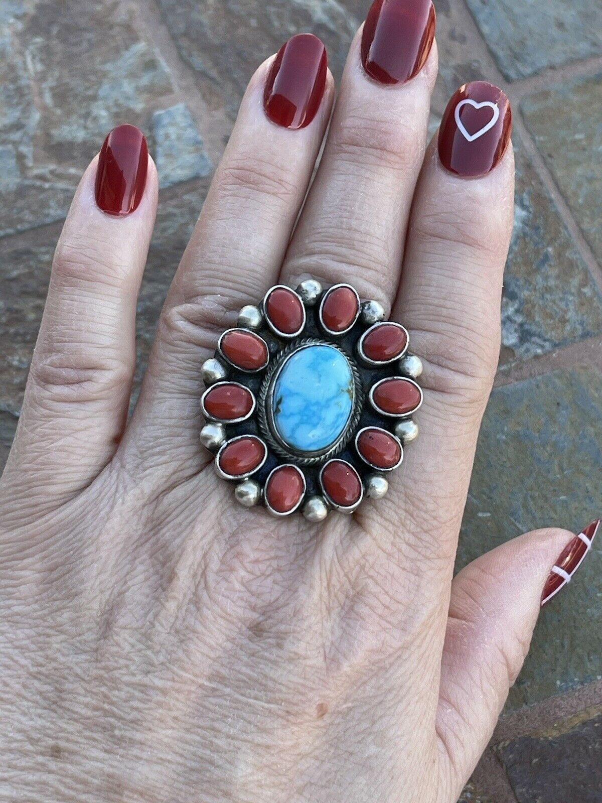 Handcrafted Sterling Silver Kingman Web Turquoise & Red Coral Taos Ring Sz 5.5