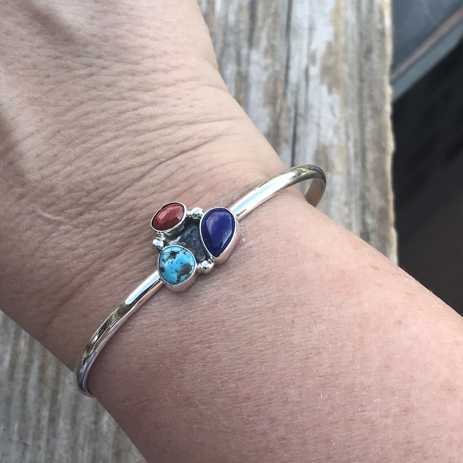 Handcrafted Multi Stone Lapis and Sterling Silver Bracelet Cuff Artist V. S