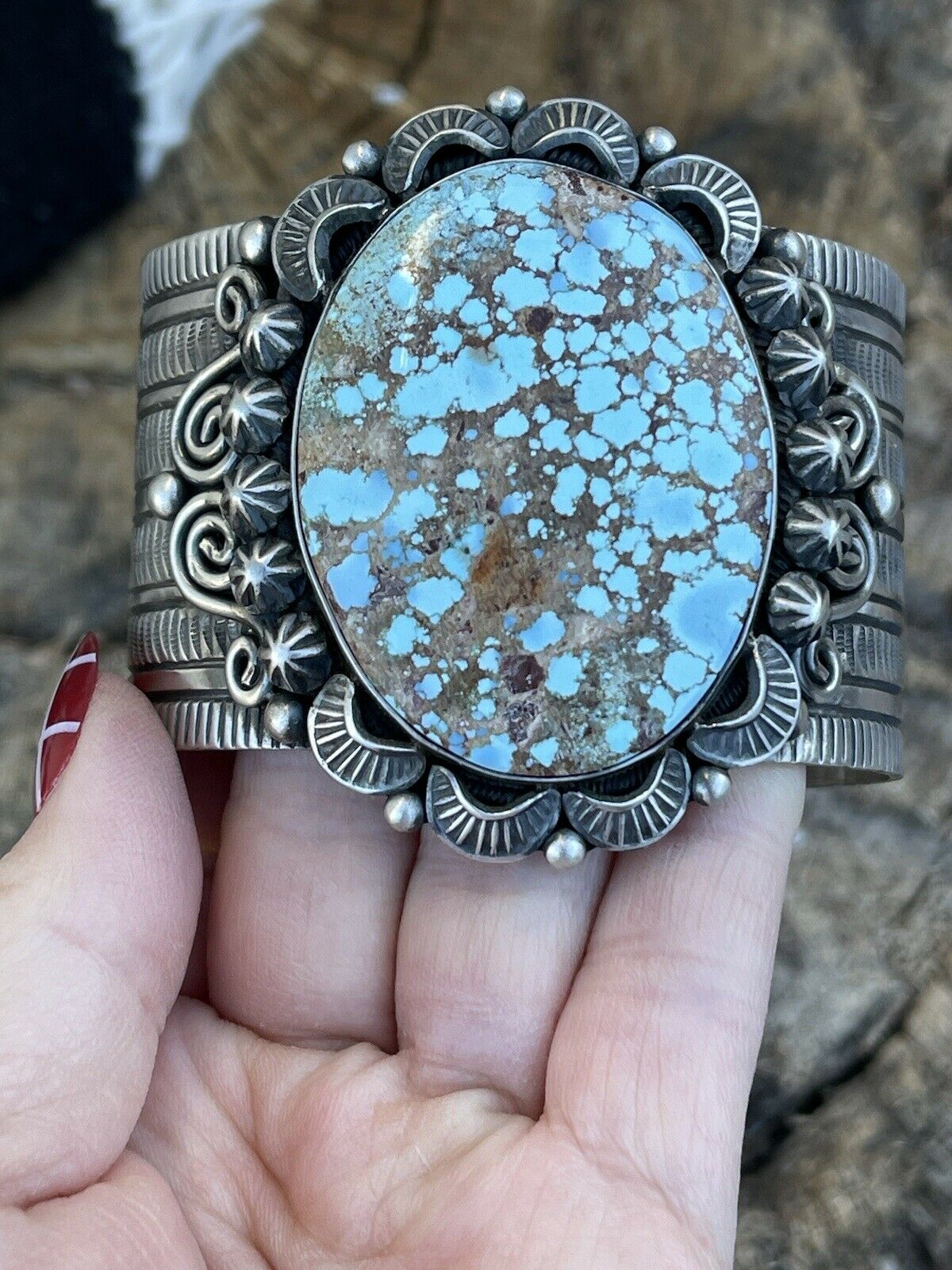 Handcrafted Sterling Silver & Number 8 Turquoise Signed Cuff Signed