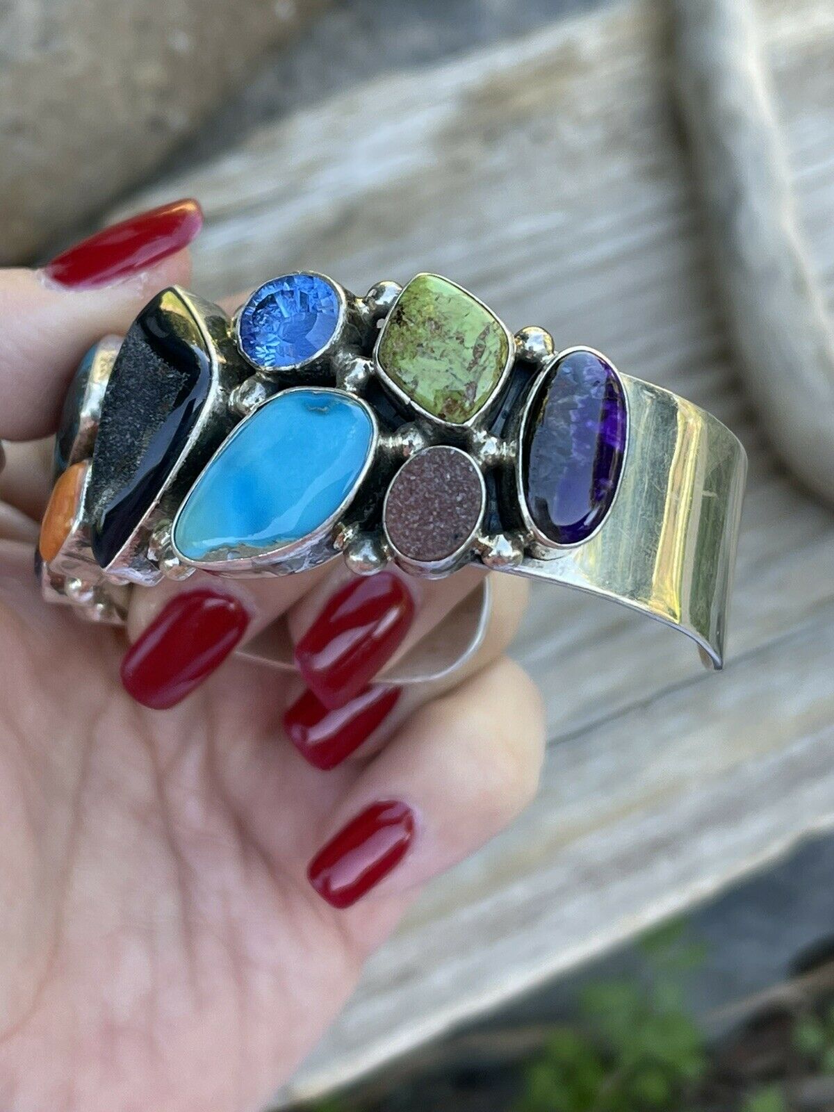 Handcrafted Multi Stone & Gem Sterling Silver Cuff Bracelet Signed