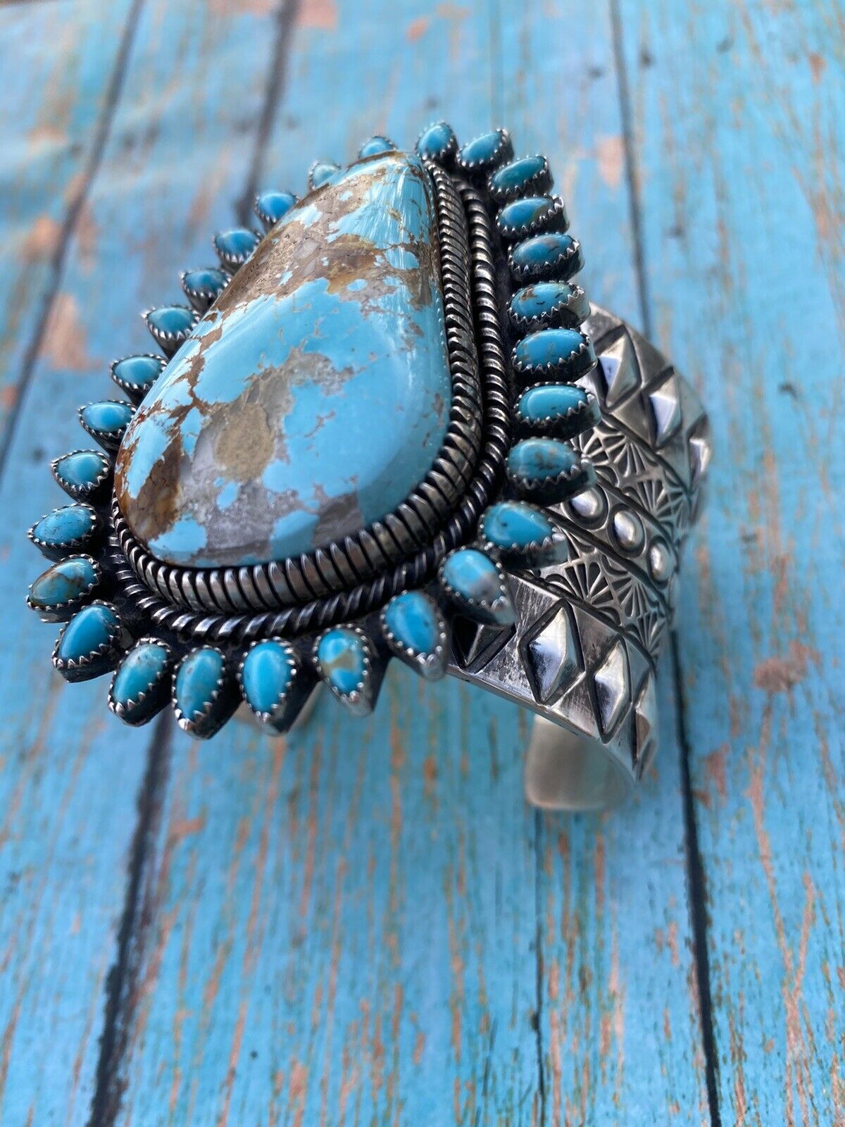 Sterling Silver & Royston Turquoise Cuff Bracelet Signed /