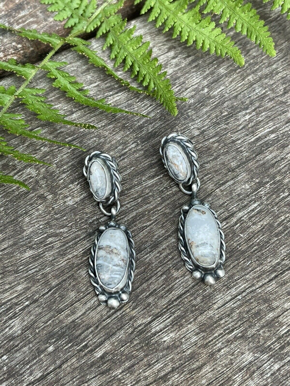 Handcrafted Sterling Silver & White Buffalo 2 Stone Rope Dangle Earrings