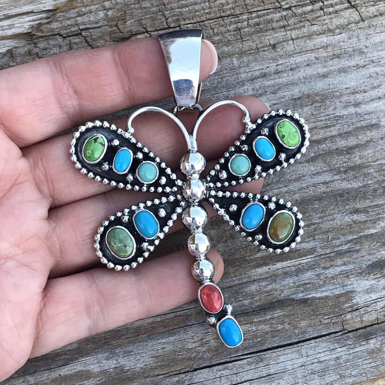Beautiful Navajo Sterling Silver Multi Stone Dragonfly Pendant Paul Livingston