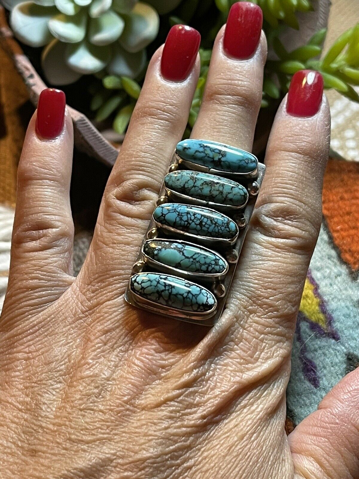 Handcrafted Blue Oval Turquoise & Sterling Silver Ring Sz 7 Signed