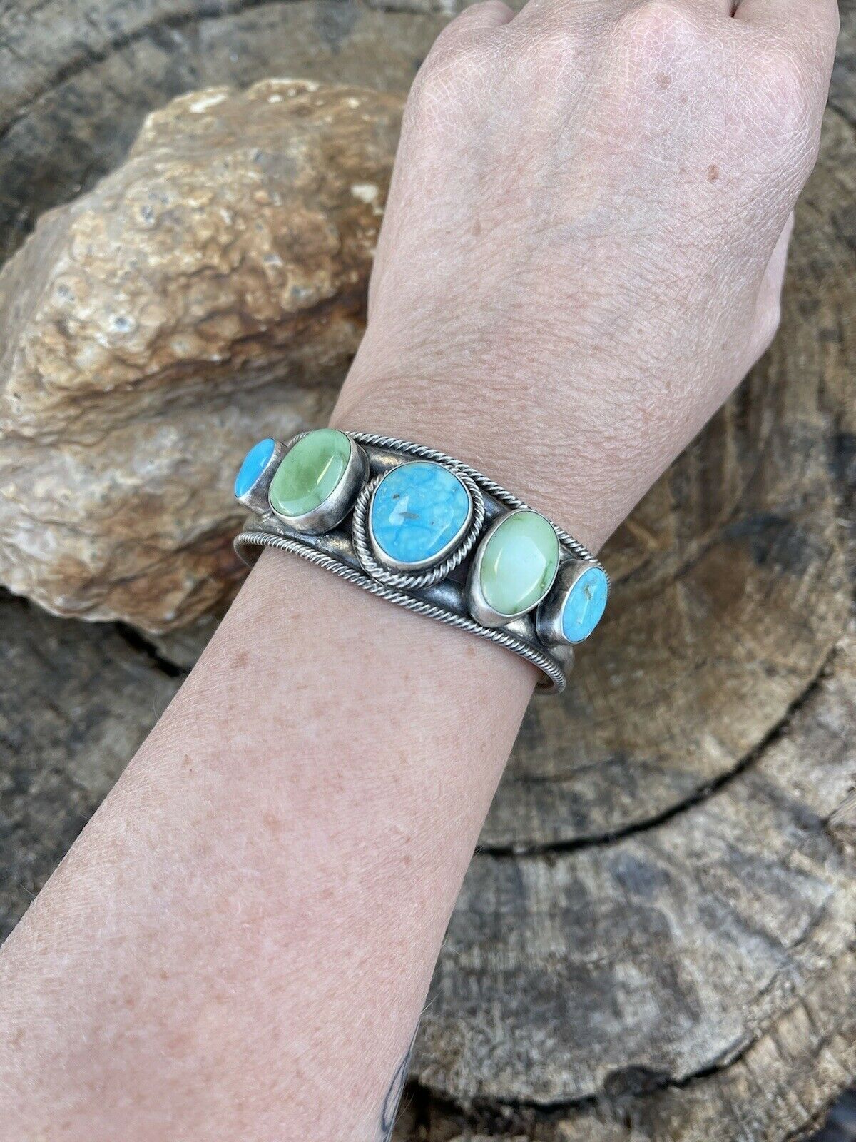 Navajo Sterling Sonoran Gold & Golden Hills Turquoise Cuff Bracelet Signed /