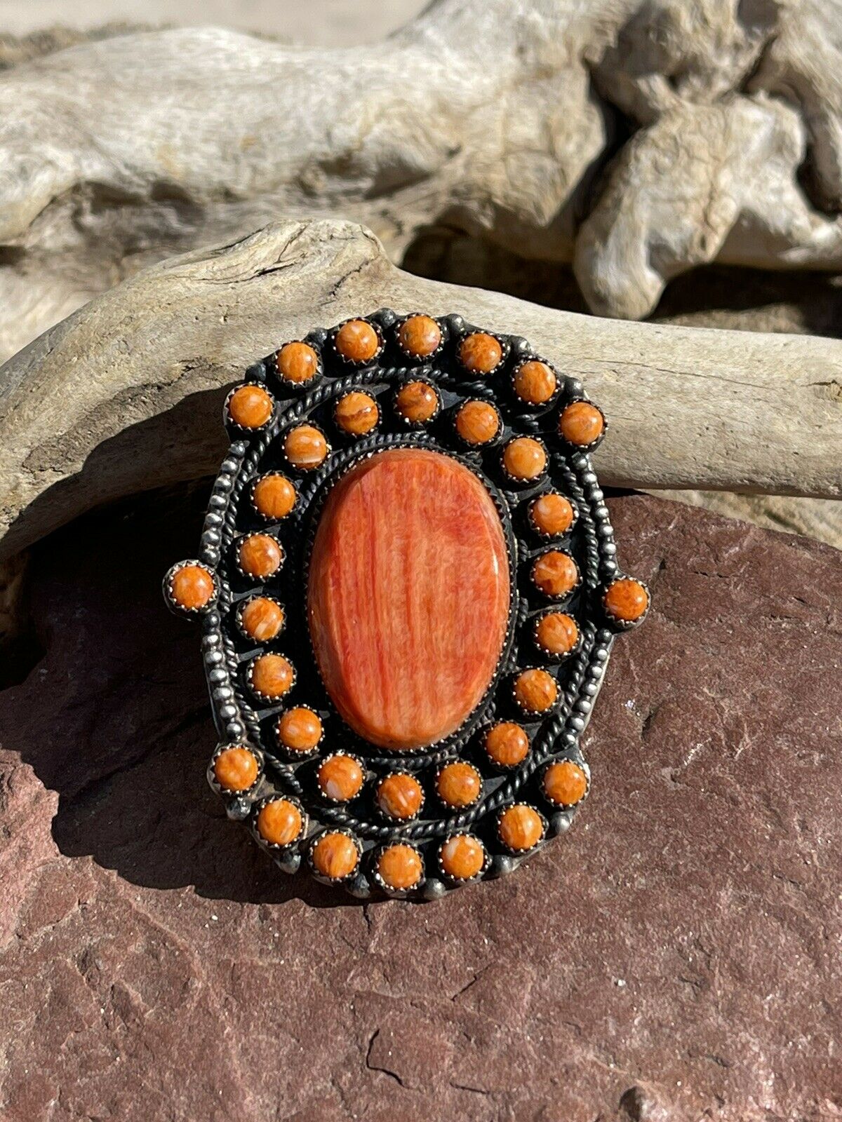 Handcrafted Sterling Silver Orange Spiny Cluster Jumbo Ring Sz 9