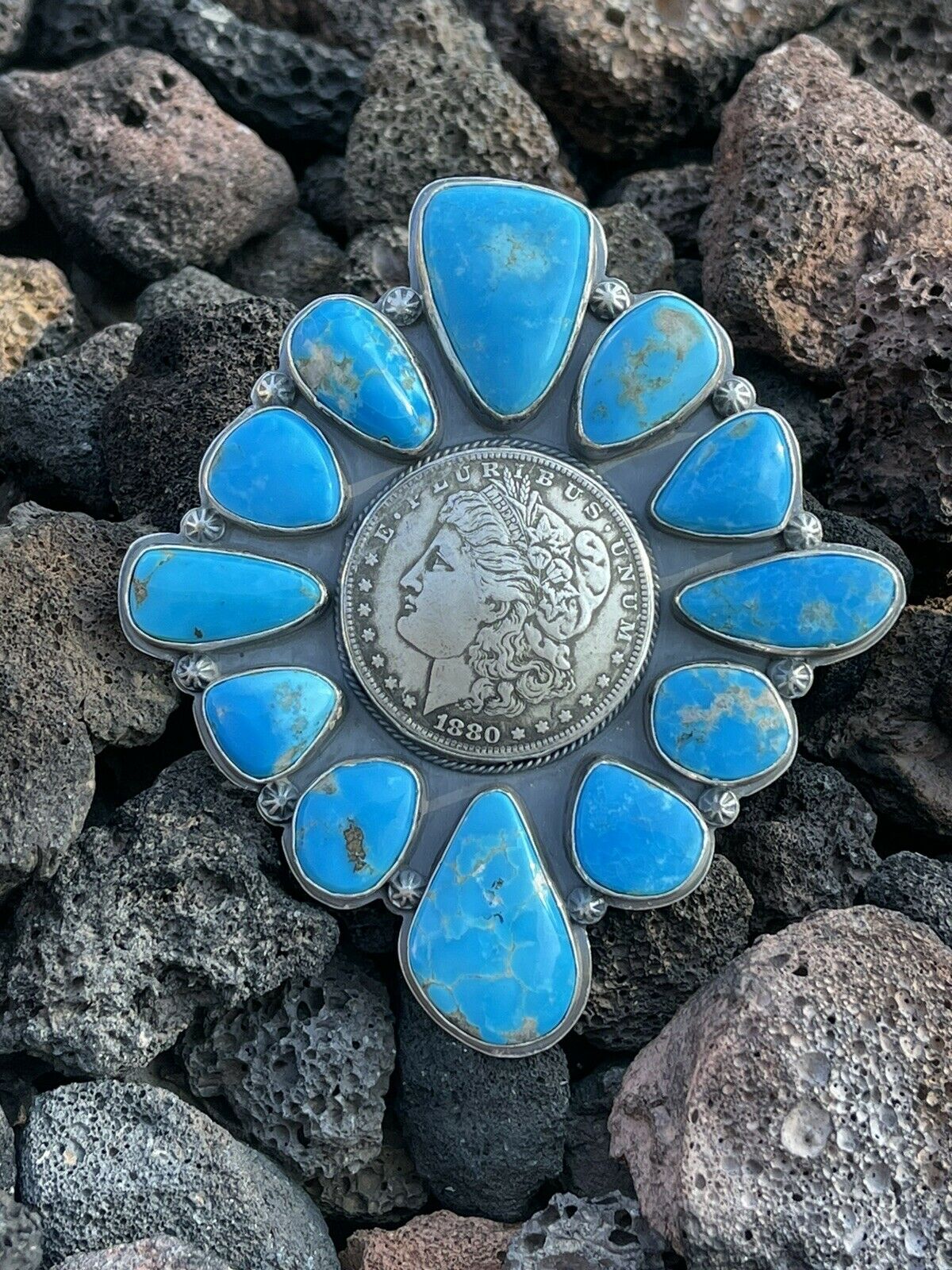 Handcrafted Sterling Silver Coin & Kingman Turquoise Adjustable Ring