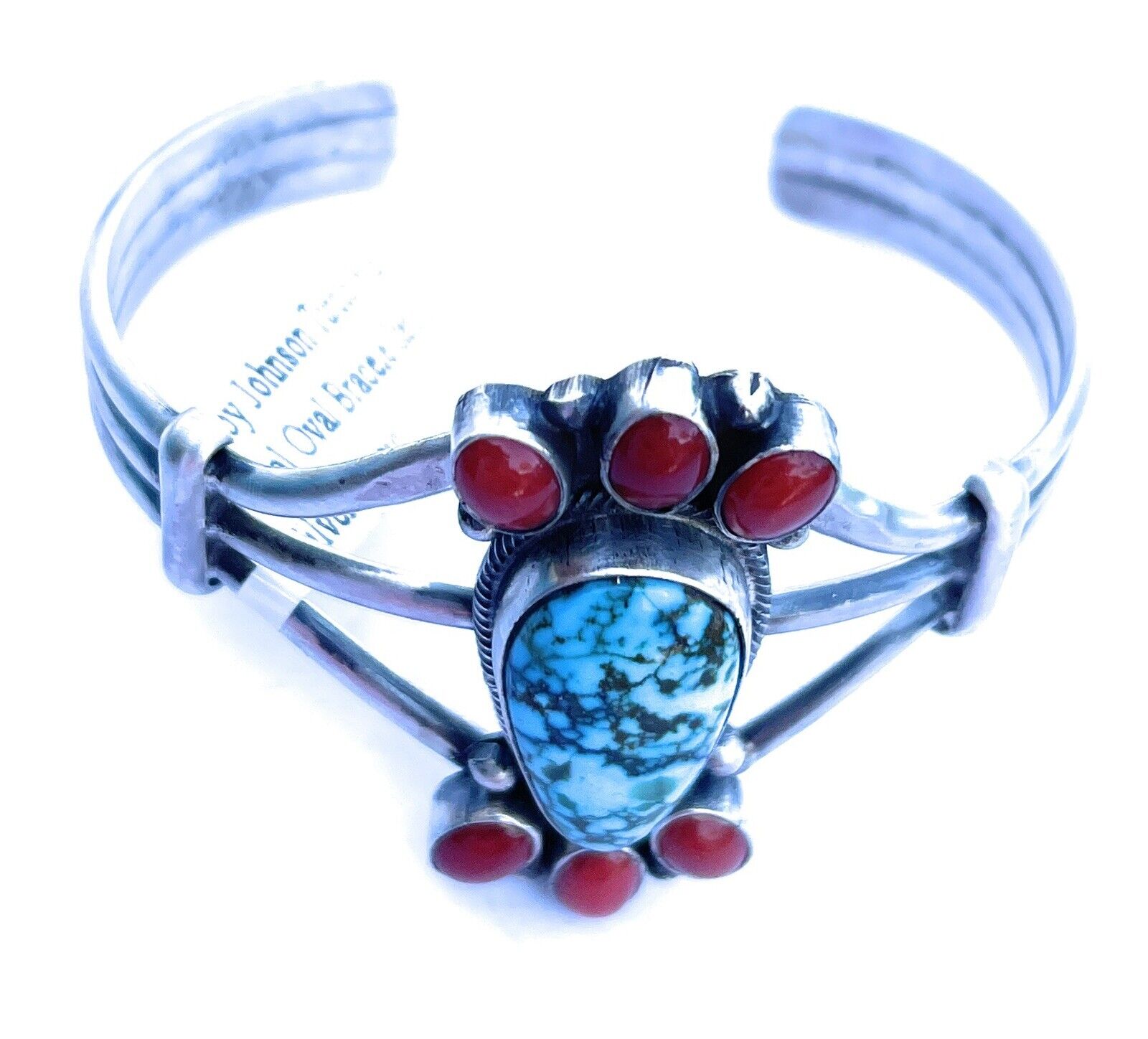 Navajo Sterling Kingman Web Turquoise & Red Coral Taos Bracelet Cuff by Bobby Johnson /