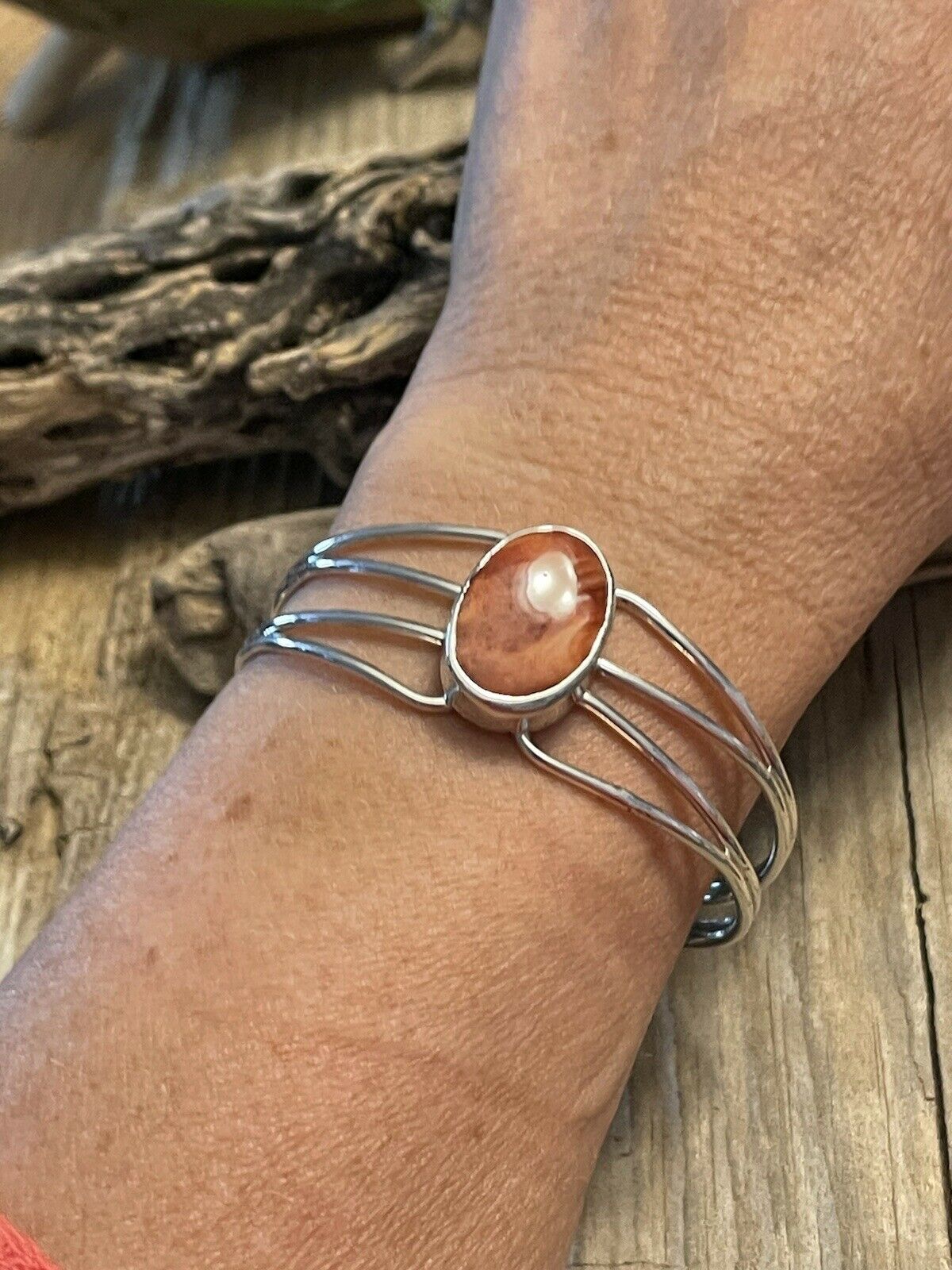 Handcrafted Orange Spiny Sterling Silver Bracelet Loop Cuff Stamped Begay