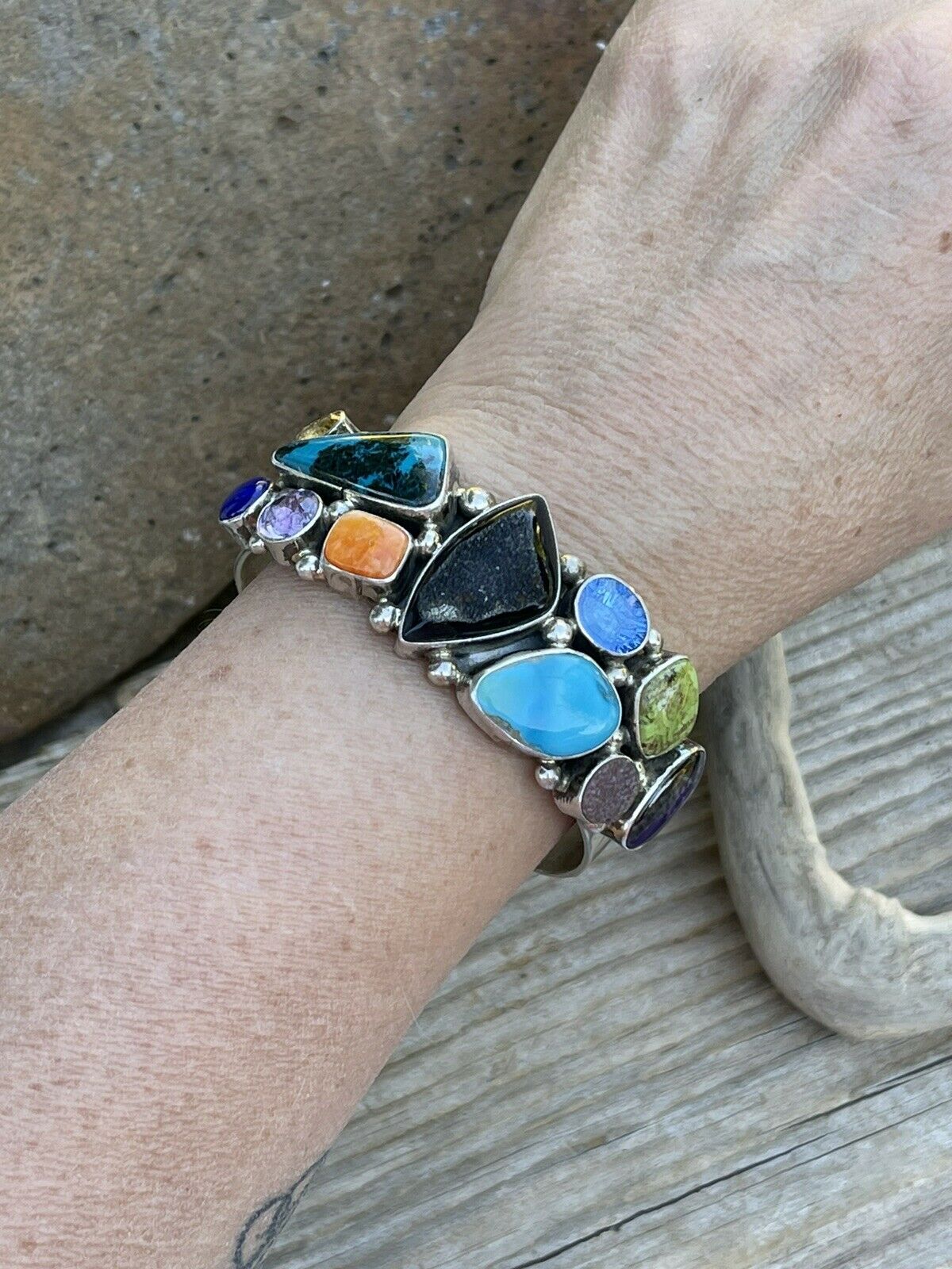 Handcrafted Multi Stone & Gem Sterling Silver Cuff Bracelet Signed