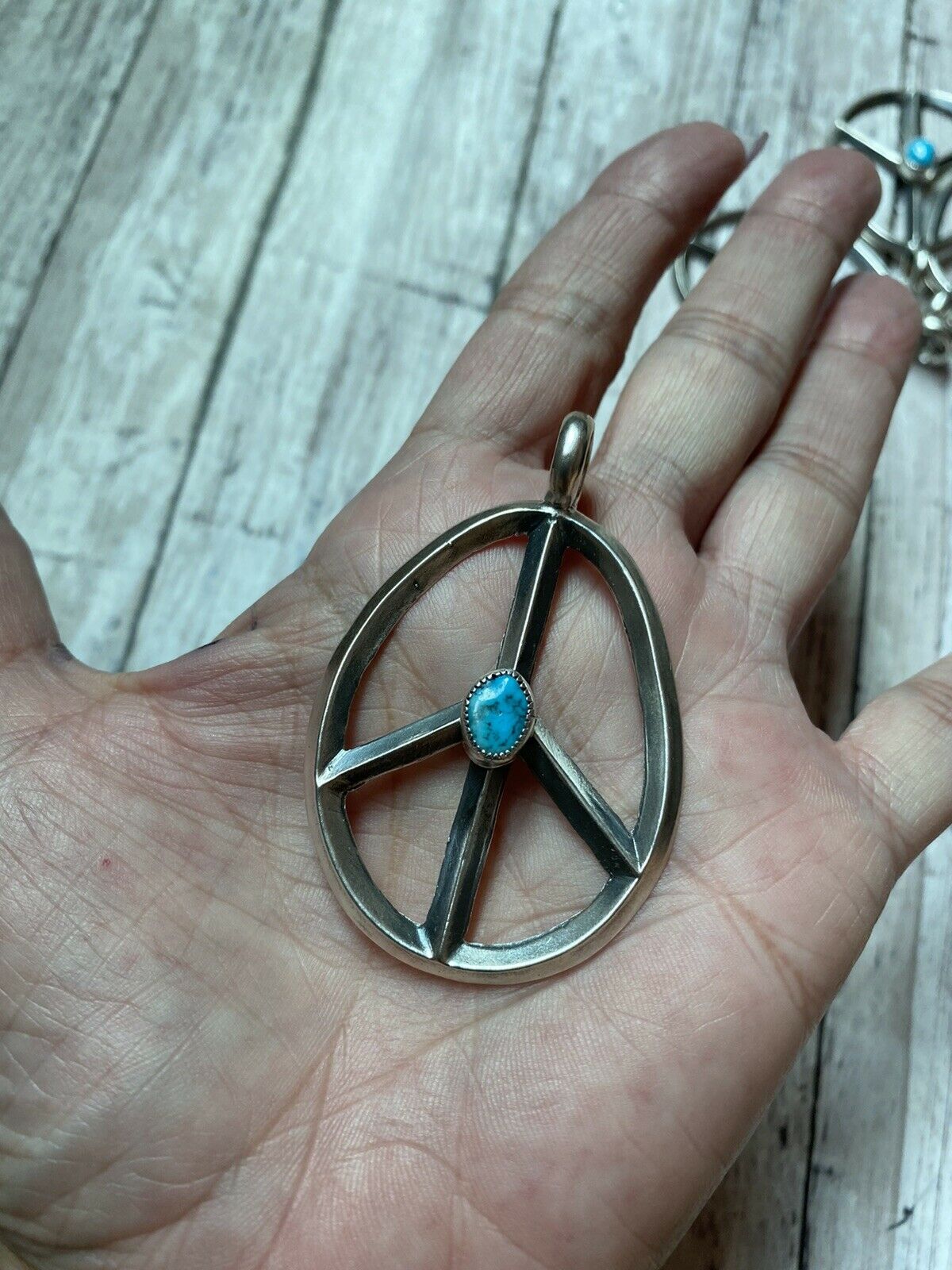 Handcrafted Sterling Silver & Kingman Turquoise Peace Sign Pendant Signed