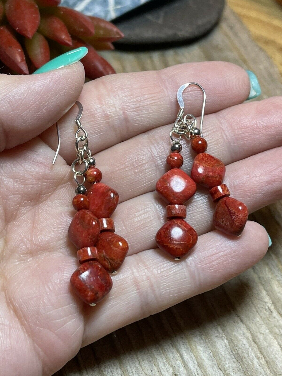 Handcrafted Sterling Silver Apple Coral 2 Strand Beaded Earrings