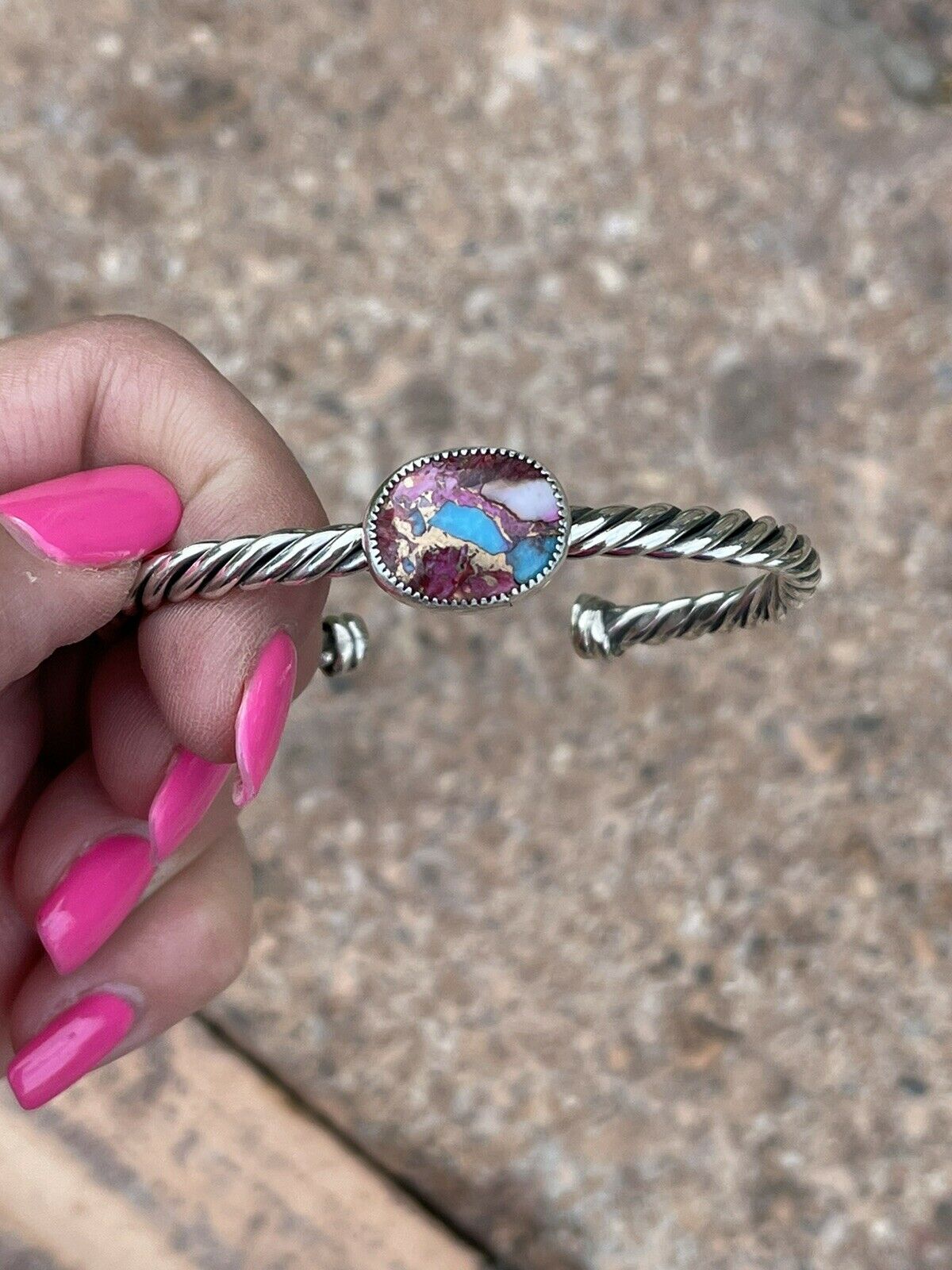 Handcrafted Pink Dream Mojave & Sterling Silver Bracelet Rope Cuff