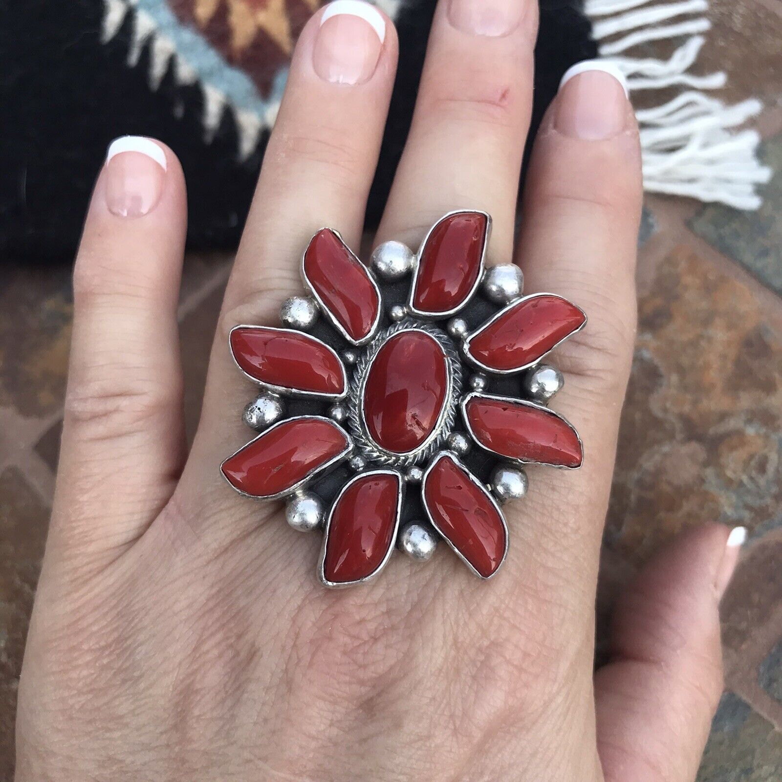Handcrafted Sterling Silver Natural Red Coral Cluster Ring Lorenzo James