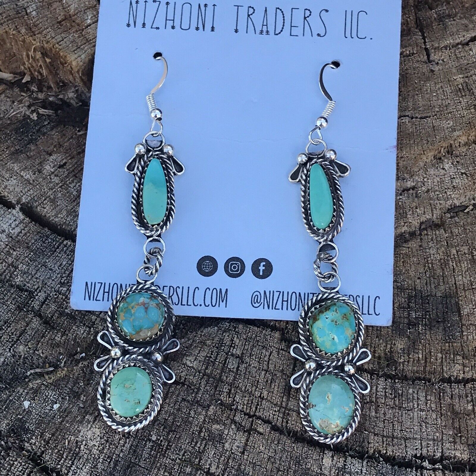 Handcrafted Mixed Turquoise & Sterling Silver Dangles Signed