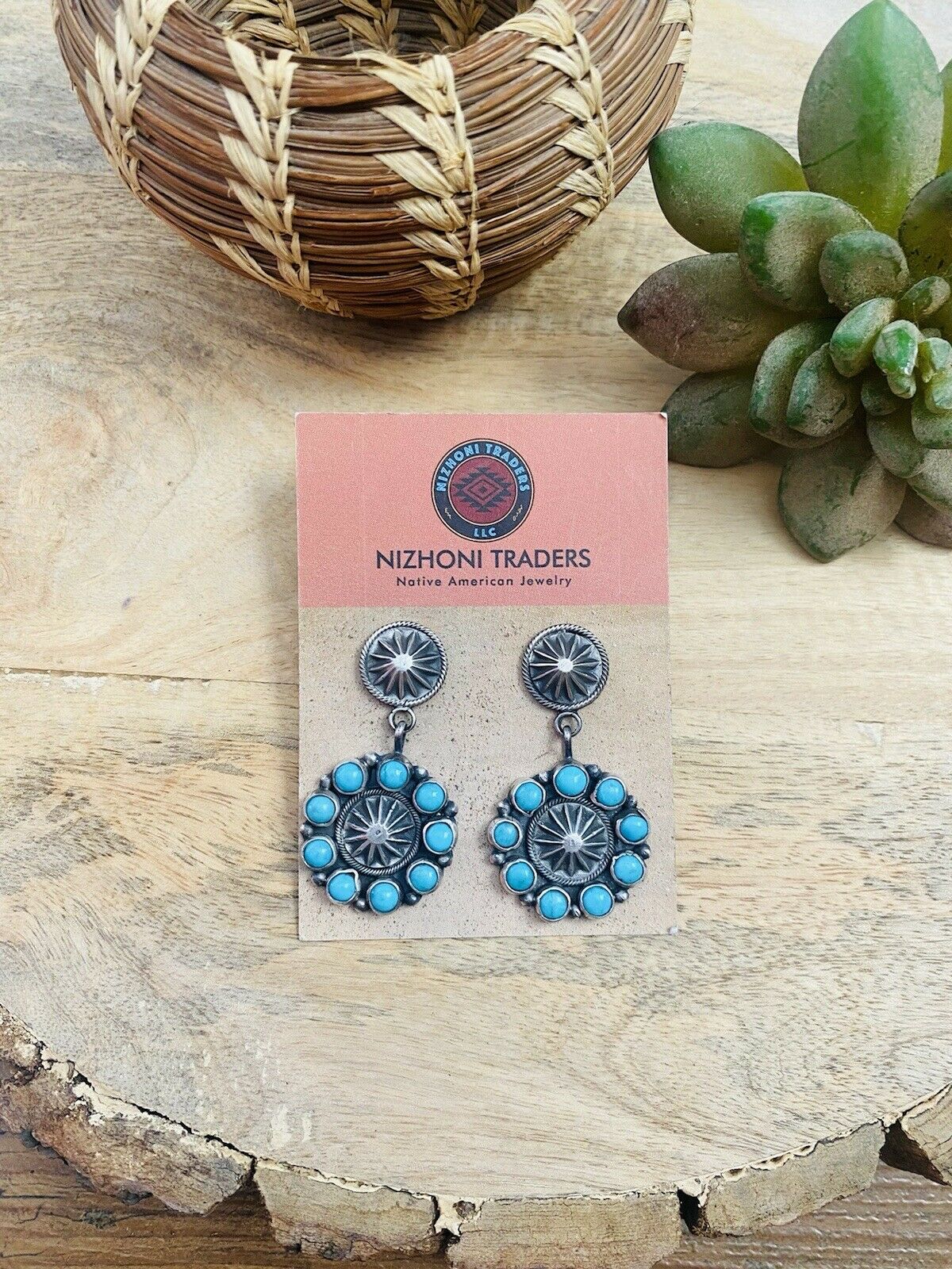 Handcrafted Turquoise & Sterling Silver Concho Dangle Earrings Signed