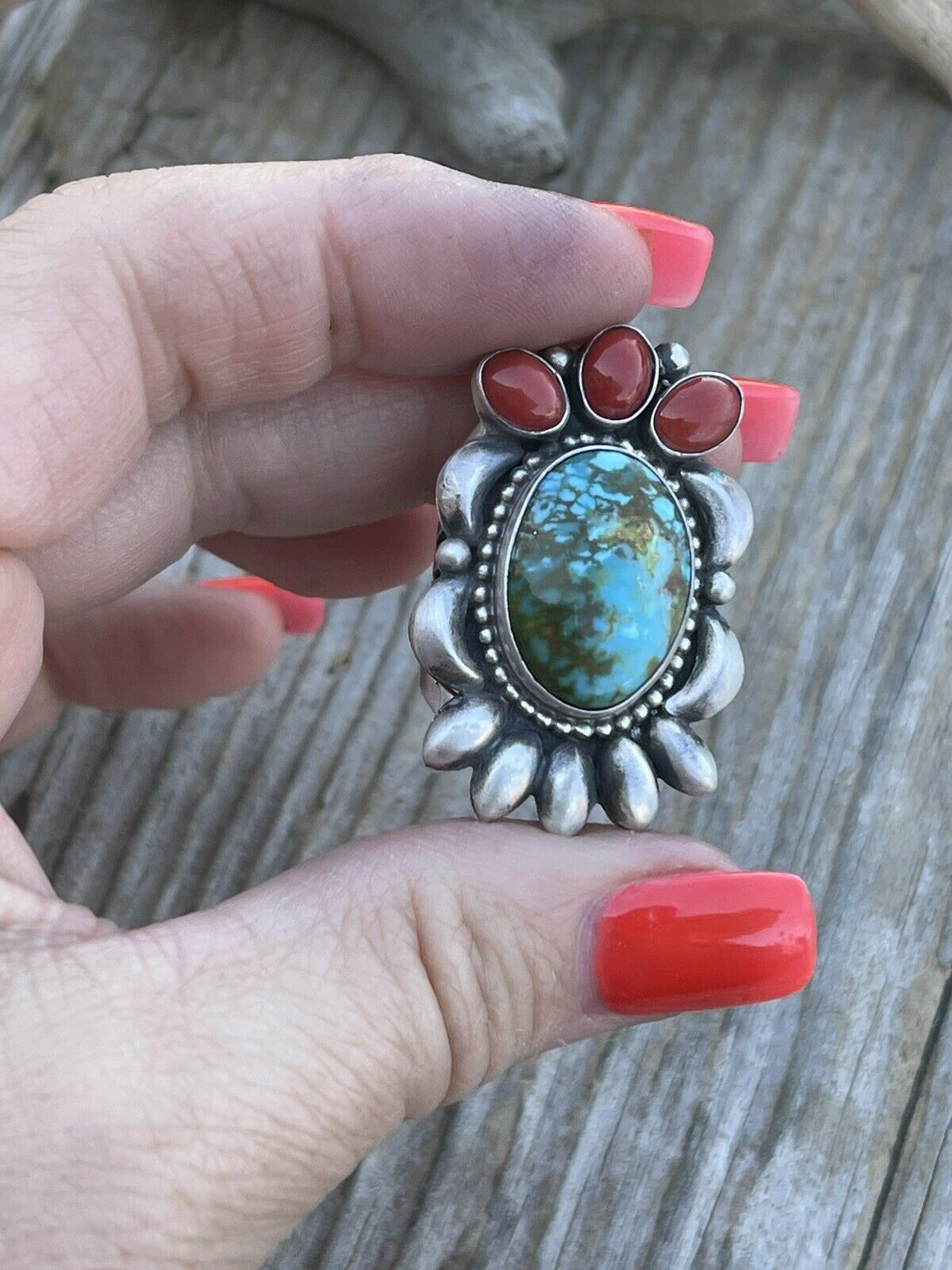 Navajo Sterling Kingman Web Turquoise & Red Coral Taos Collection Ring by Danny Clark, Sz 6.5