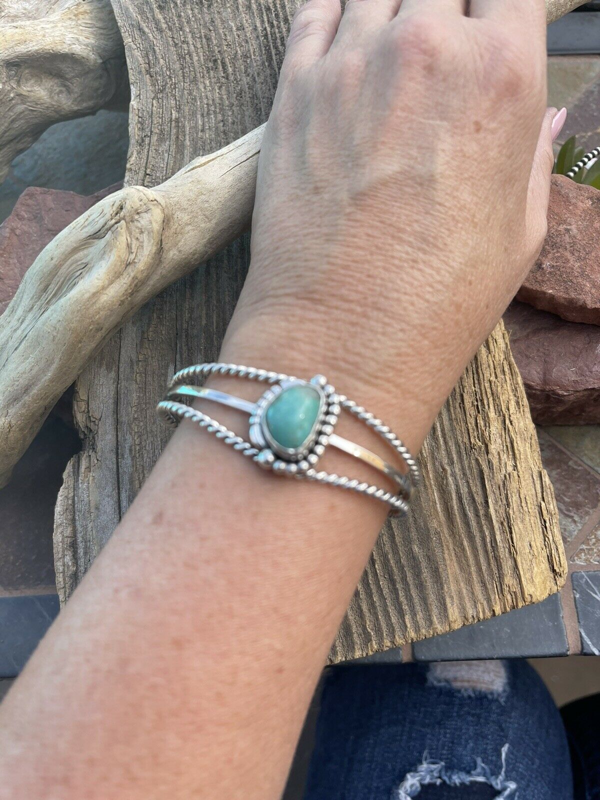 Handcrafted Royston Turquoise & Sterling Silver Cuff Bracelet Signed By Artist