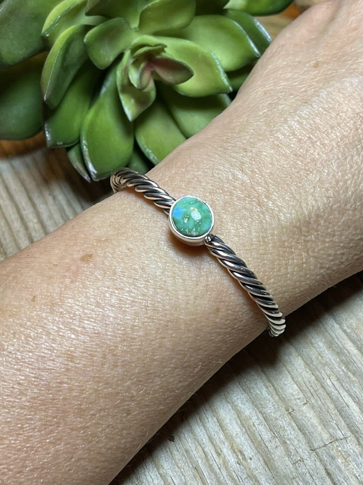 Handcrafted Sterling Silver Rope Twist Natural Turquoise Cuff Bracelet