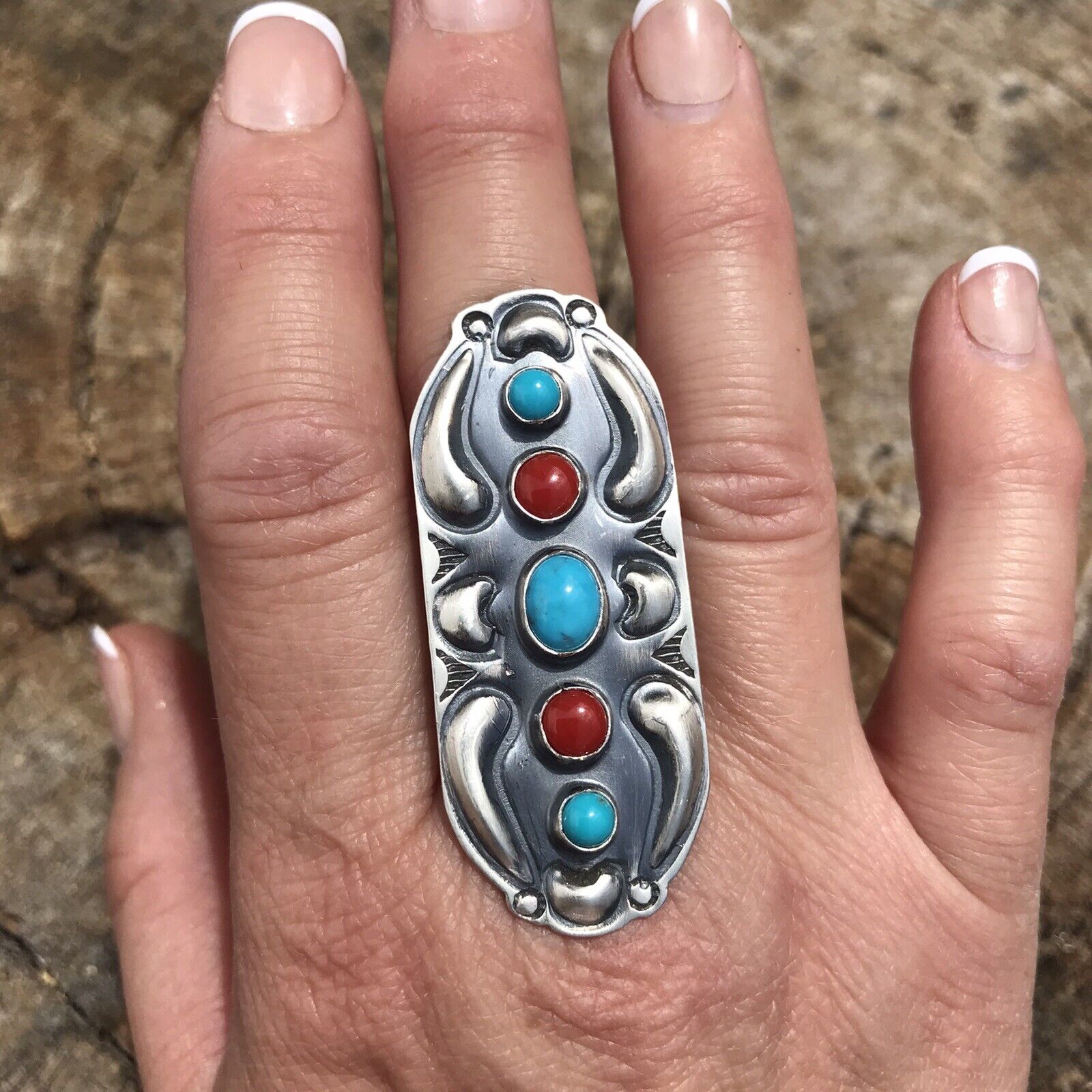 Handcrafted Sterling Silver Turquoise Coral 5 Stone Ring