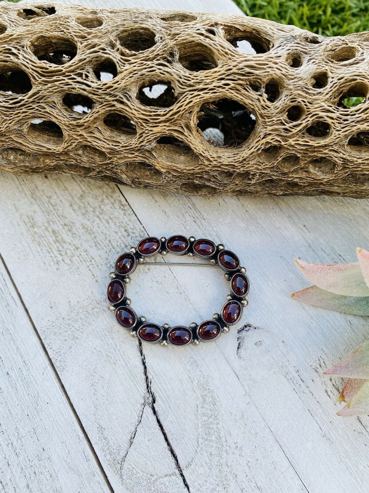 Handcrafted Vintage Garnet Sterling Silver Brooch Signed