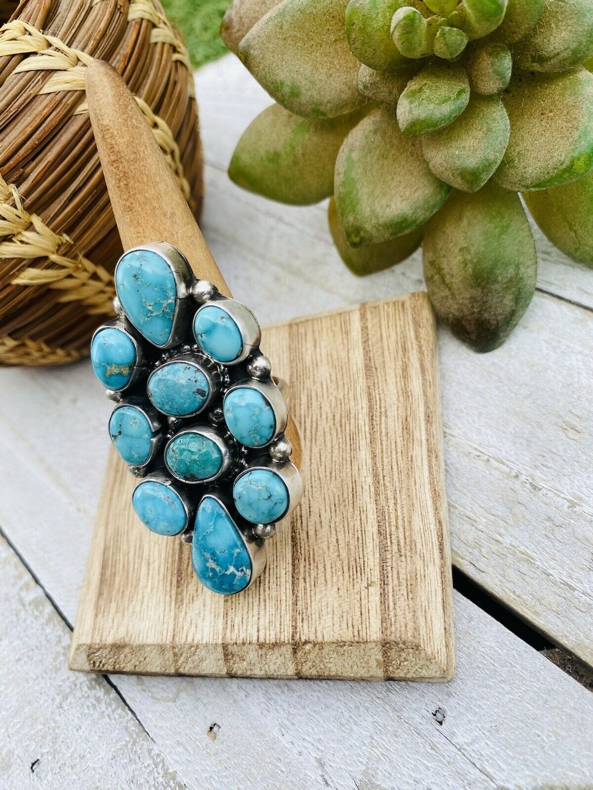 Handcrafted Turquoise & Sterling Silver Cluster Adjustable Ring