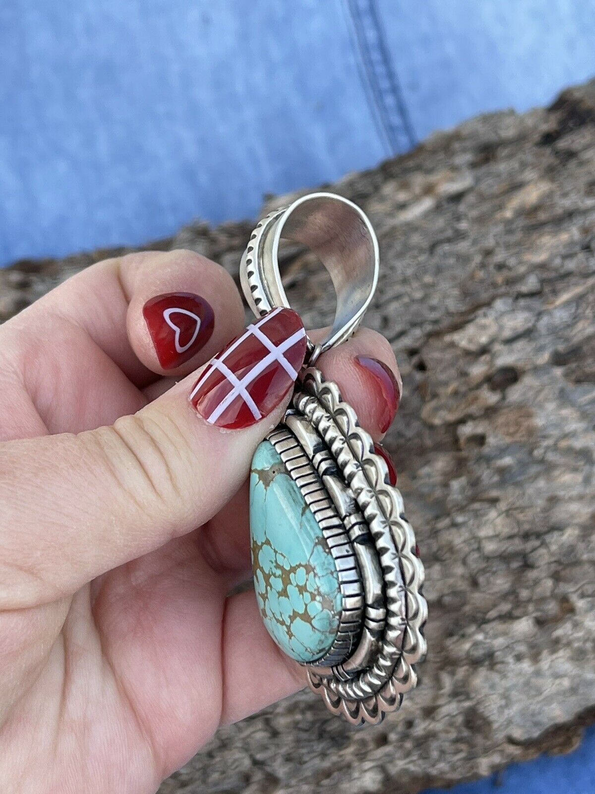 Navajo Number 8 Turquoise & Sterling Silver Jumbo Pendant Signed