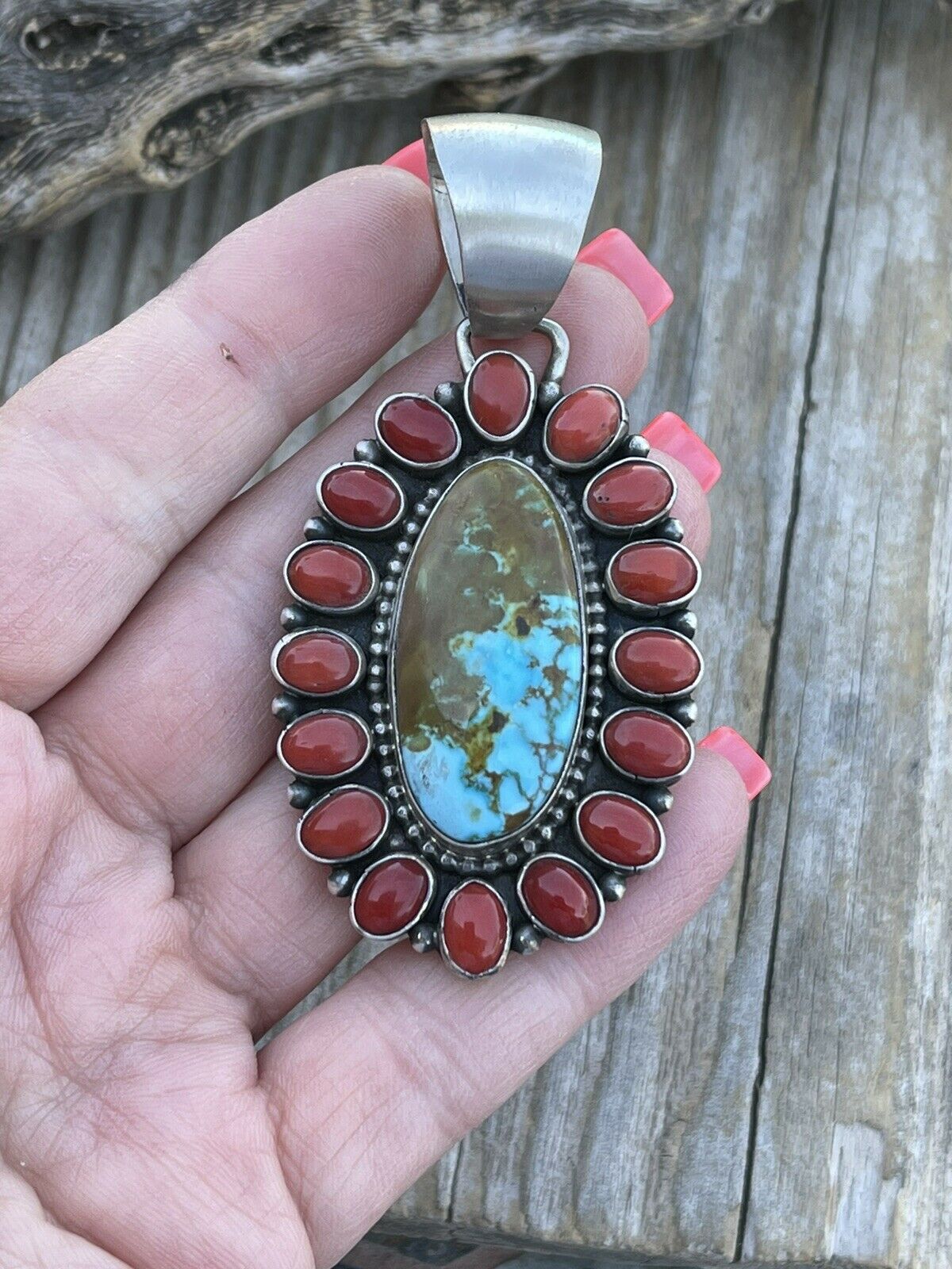 Handcrafted Sterling Silver Kingman Web Turquoise & Red Coral Taos Cluster Pendant