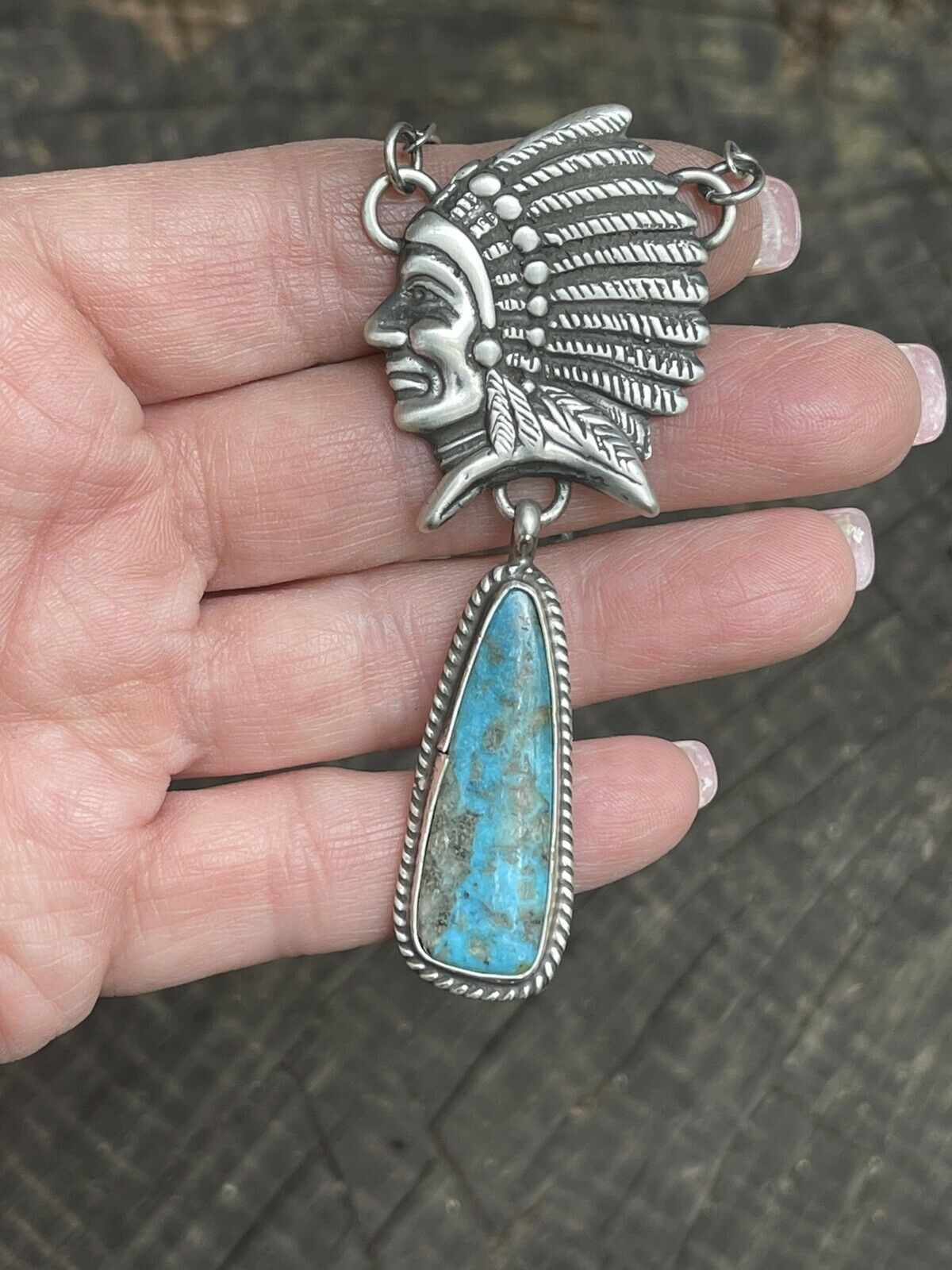 Handcrafted Sterling Silver Indian Chief Royston Turquoise Drop Necklace