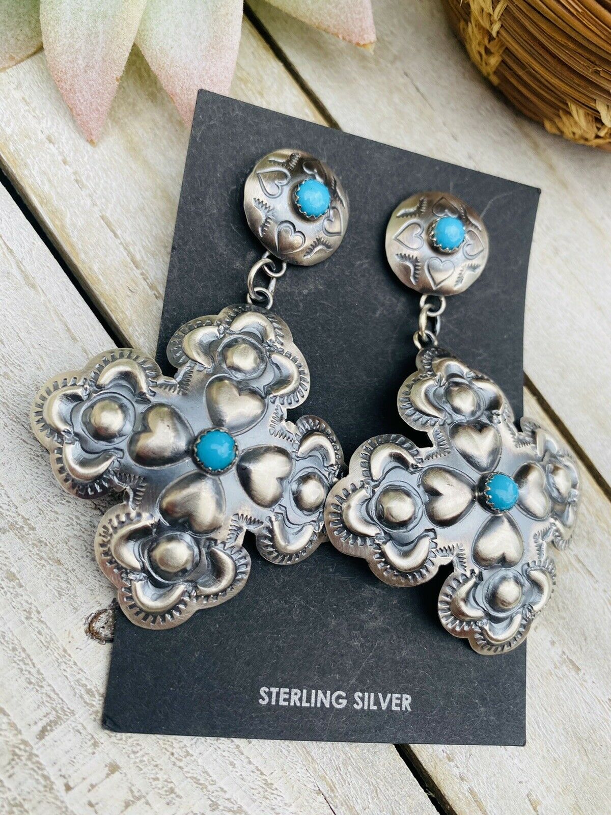 Handcrafted Turquoise & Sterling Silver Concho Cross Dangle Earrings By Tim Yazzie