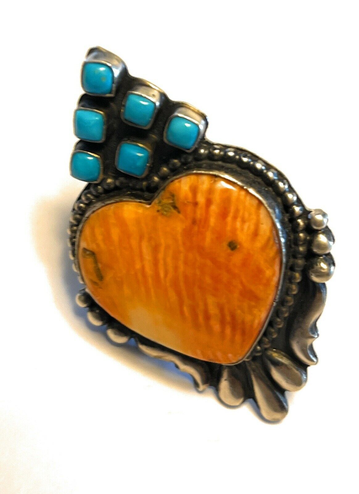 Handcrafted Sterling Silver Orange Spiny Heart & Turquoise Ring Sz 8