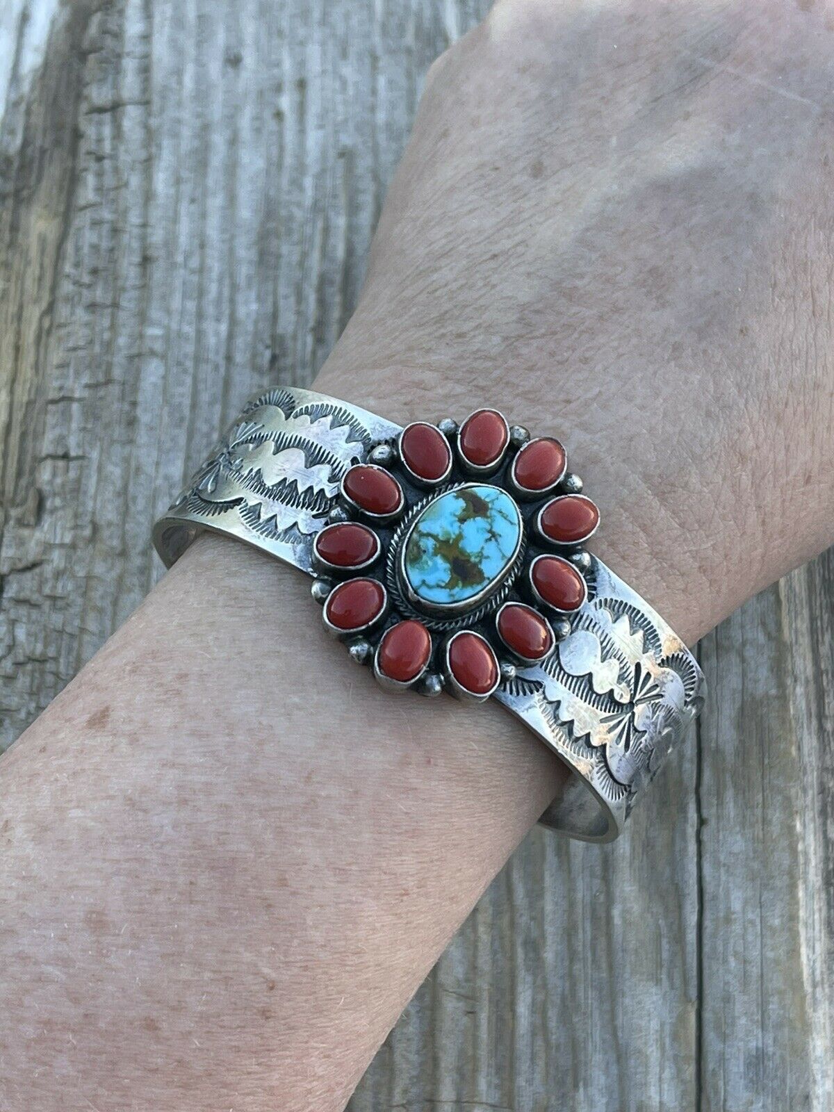 Handcrafted Sterling Kingman Web Turquoise & Red Coral Taos Bracelet Cuff by Bobby Johnson /