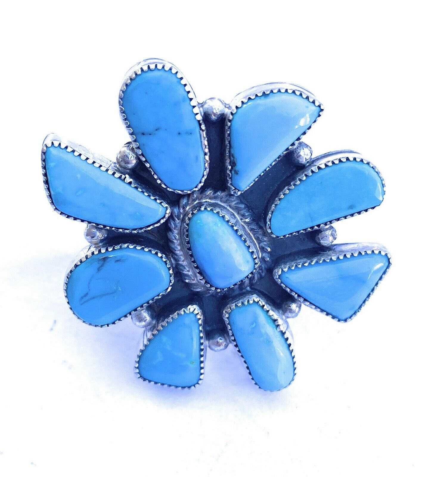 Handcrafted Turquoise & Sterling Silver Cluster Ring Size 7