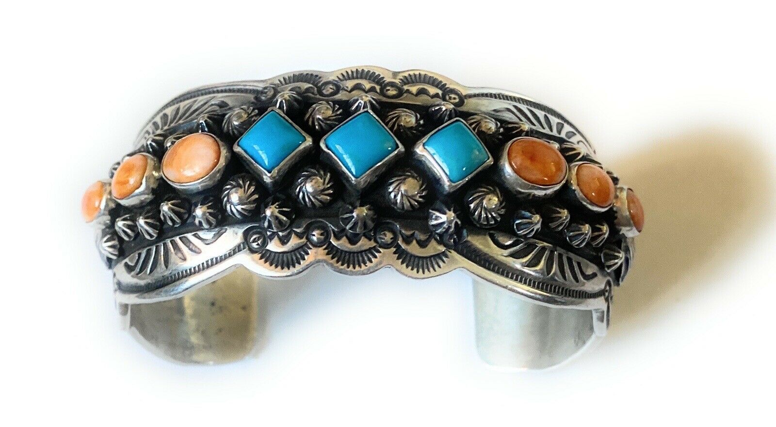 Handcrafted Orange Spiny, Turquoise & Sterling Silver Cuff Bracelet By Darryl Becenti /
