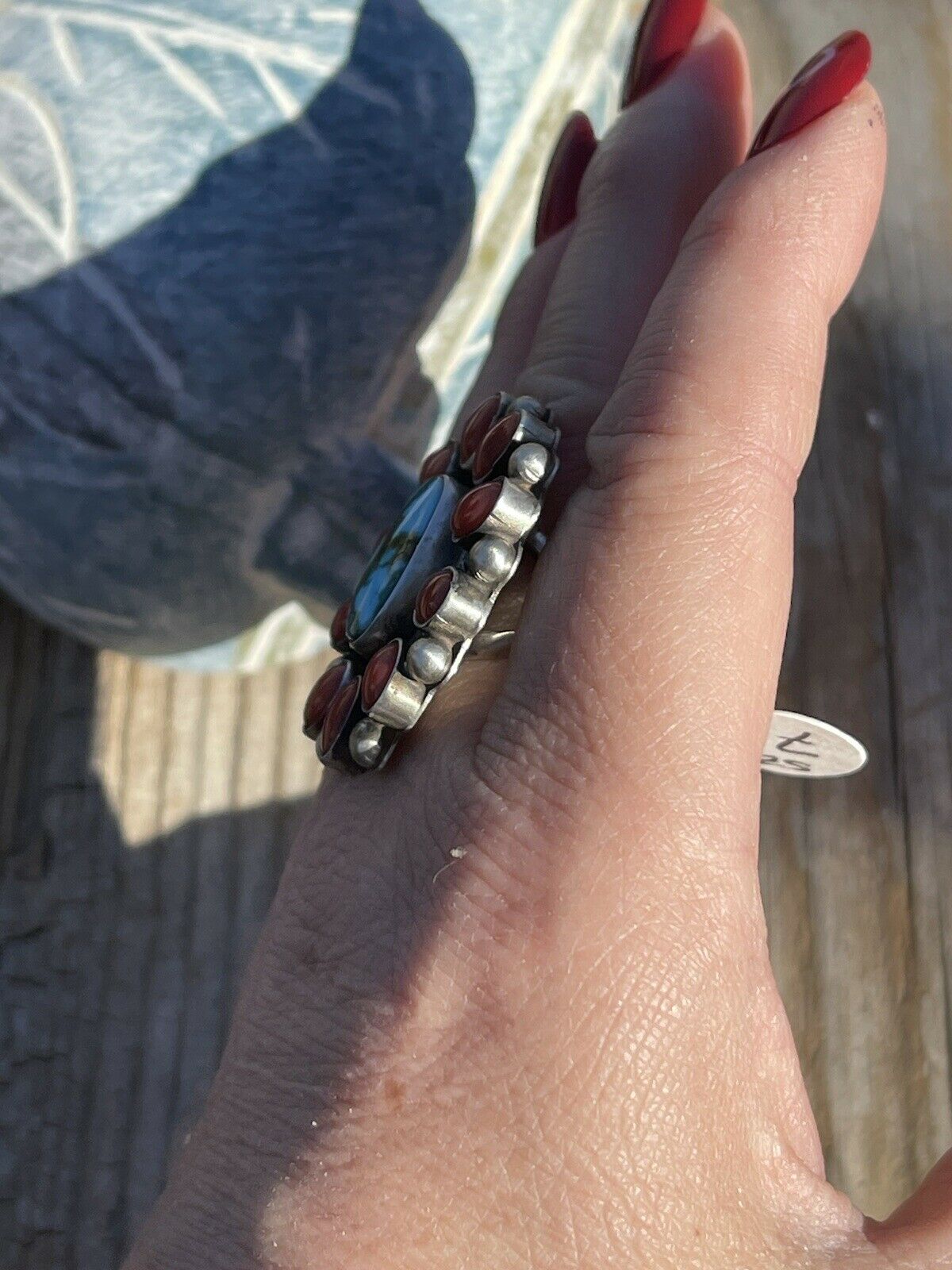 Handcrafted Sterling Silver Kingman Web Turquoise & Red Coral Taos Ring Sz 7