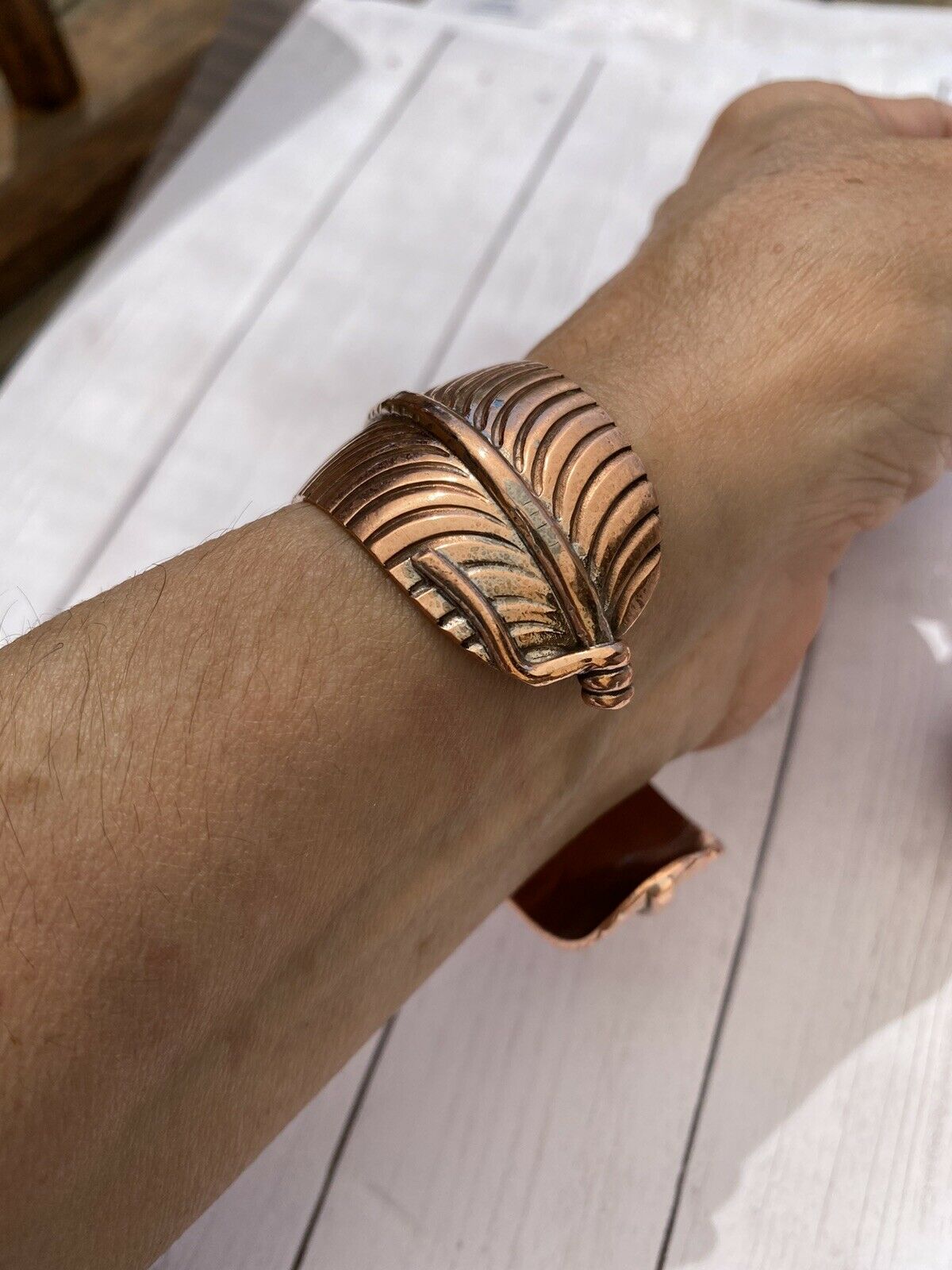 Handcrafted Copper Hand Stamped Feather Bracelet Cuff