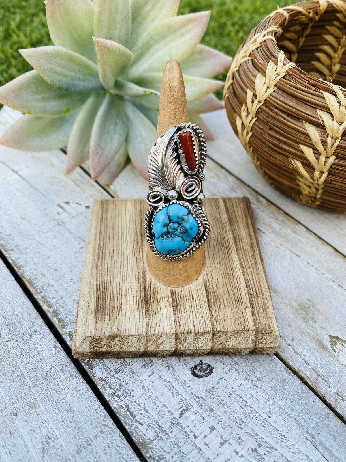 Handcrafted Turquoise, Coral & Sterling Silver Ring Size 5