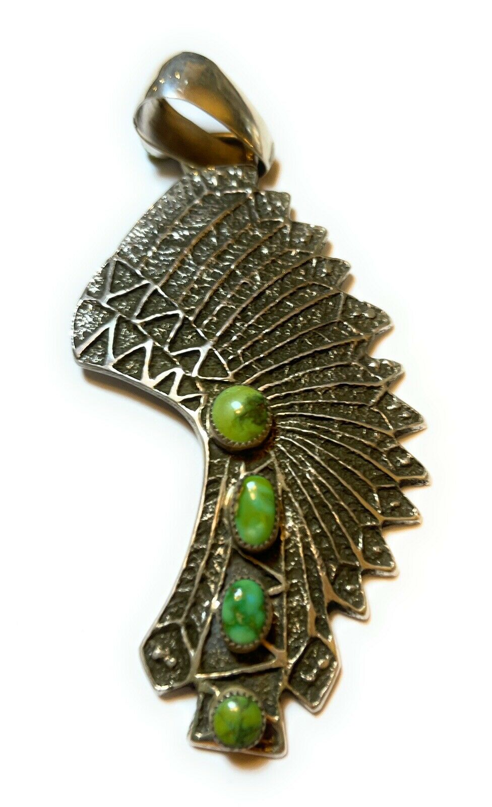 Handcrafted Sterling Silver Sonoran Gold Turquoise 4 Stone Indian Chief Pendant