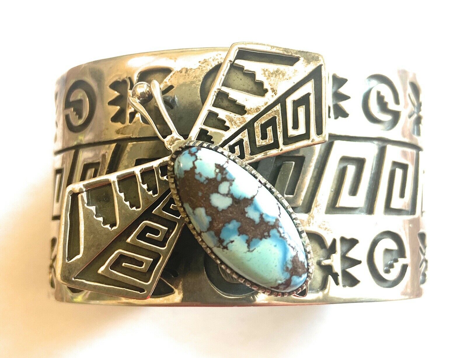 Handcrafted Sterling Silver & Golden Hills Turquoise Dragonfly Cuff Bracelet, Signed RB