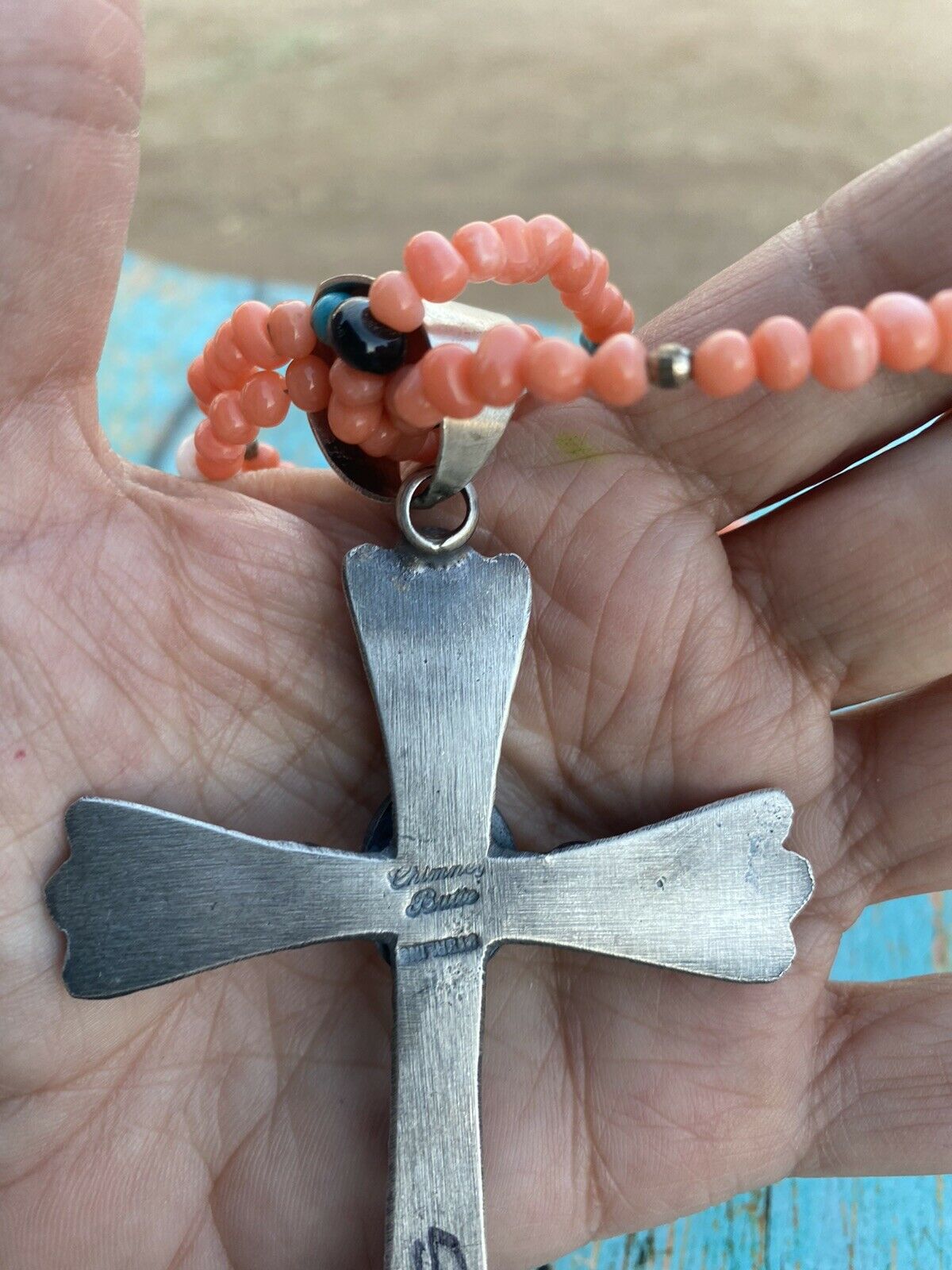 Navajo Sterling Silver & Orange Spiny Shell Cross Pendant Chimney Butte