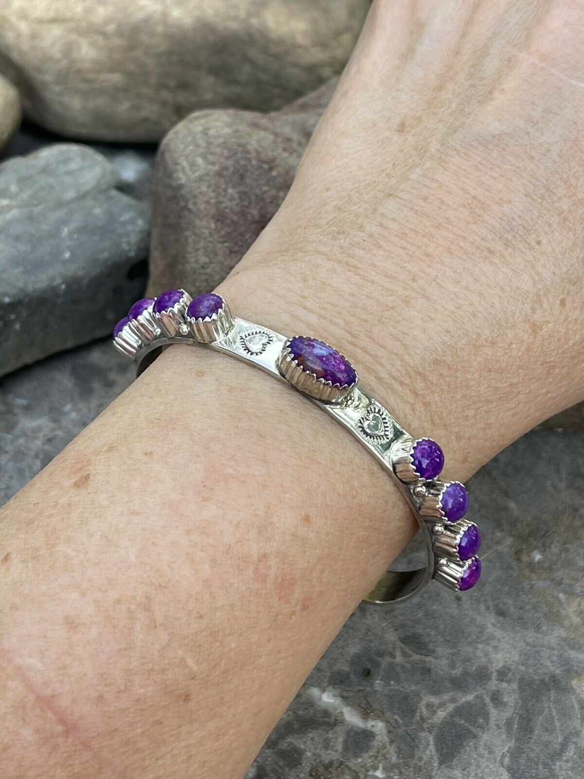Handcrafted Purple Spiny Sterling Silver Heart Cuff Bracelet Stamped G. Boyd