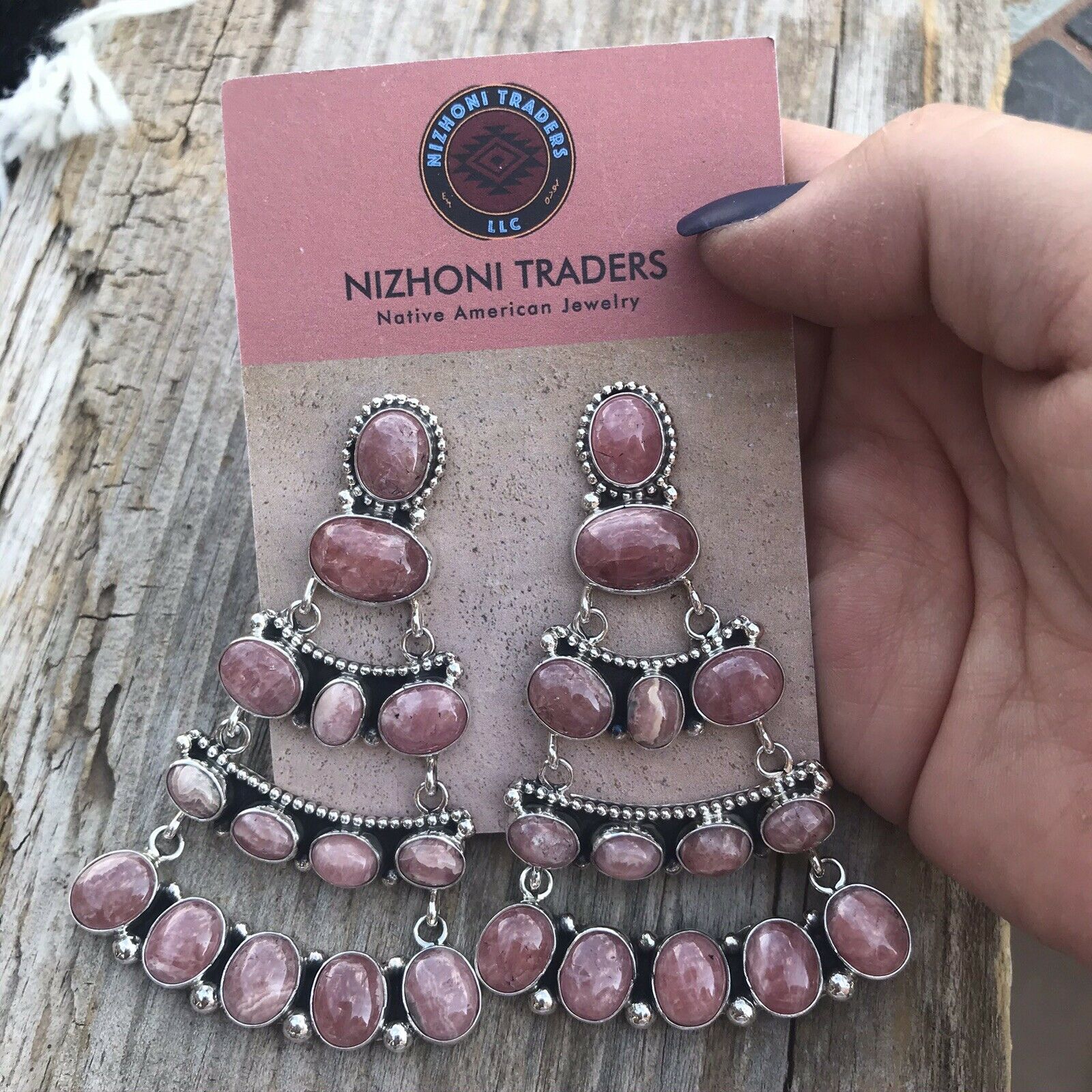 Sterling Silver Rhodochrosite Stone Dangle Earrings Artist E. Spencer