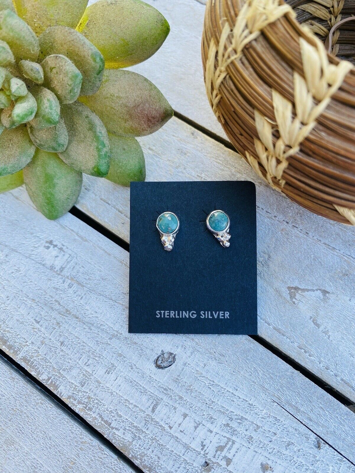 Handcrafted Sterling Silver And Turquoise Stud Earrings Signed