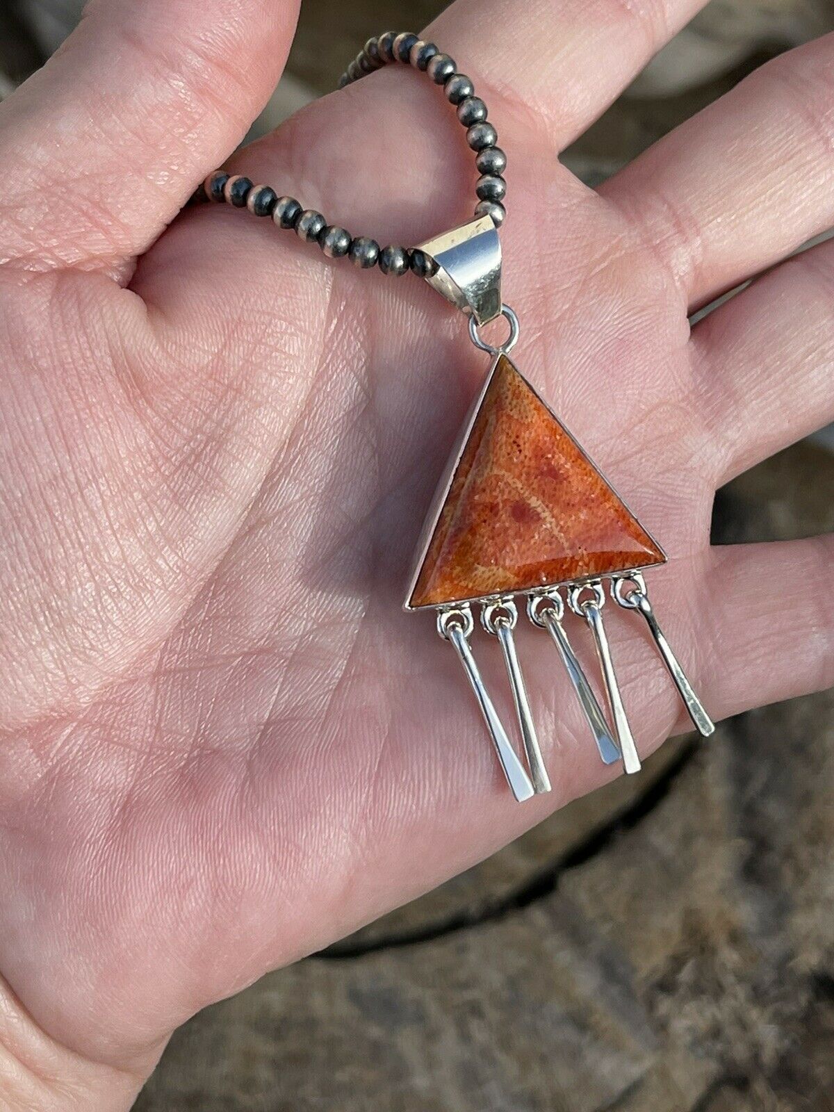 Handcrafted Sterling Silver Orange Spiny TrIangle Fringe Pendant Signed
