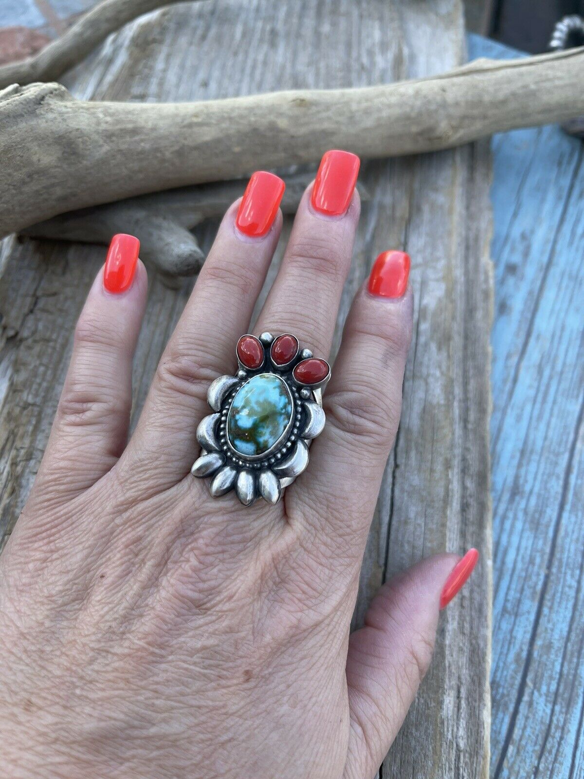 Handcrafted Sterling Silver Kingman Web Turquoise & Red Coral Taos Collection Ring Sz 8.5