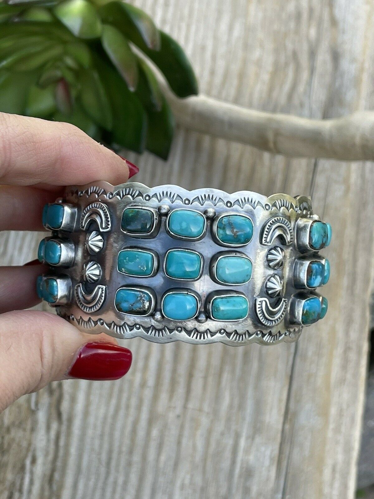 Stunning Turquoise Cluster & Sterling Silver Cuff Signed /