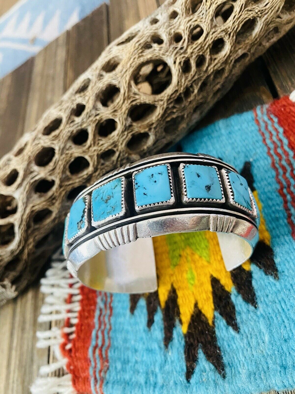Handcrafted Kingman Turquoise, Coral & Sterling Silver Cuff Bracelet Signed /