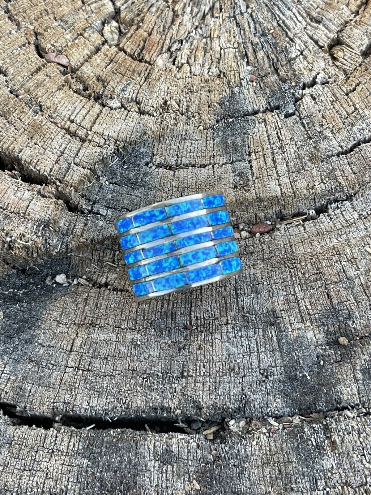 Handcrafted Sterling Silver Blue Opal 5 Row Inlay Ring