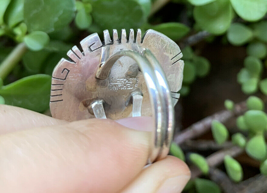 Handcrafted Kingman Turquoise Stamped Sterling Silver Signed Statement Ring